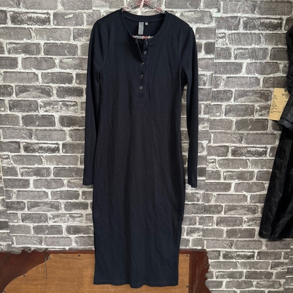 Sweaty Betty London Henley Midi Dress black ribbed long sleeve snap buttons neck - Picture 2 of 12
